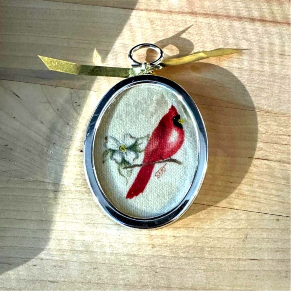 Vintage Hand Painted Theorem Cardinal Dogwood Folk Art Christmas Ornament Signed